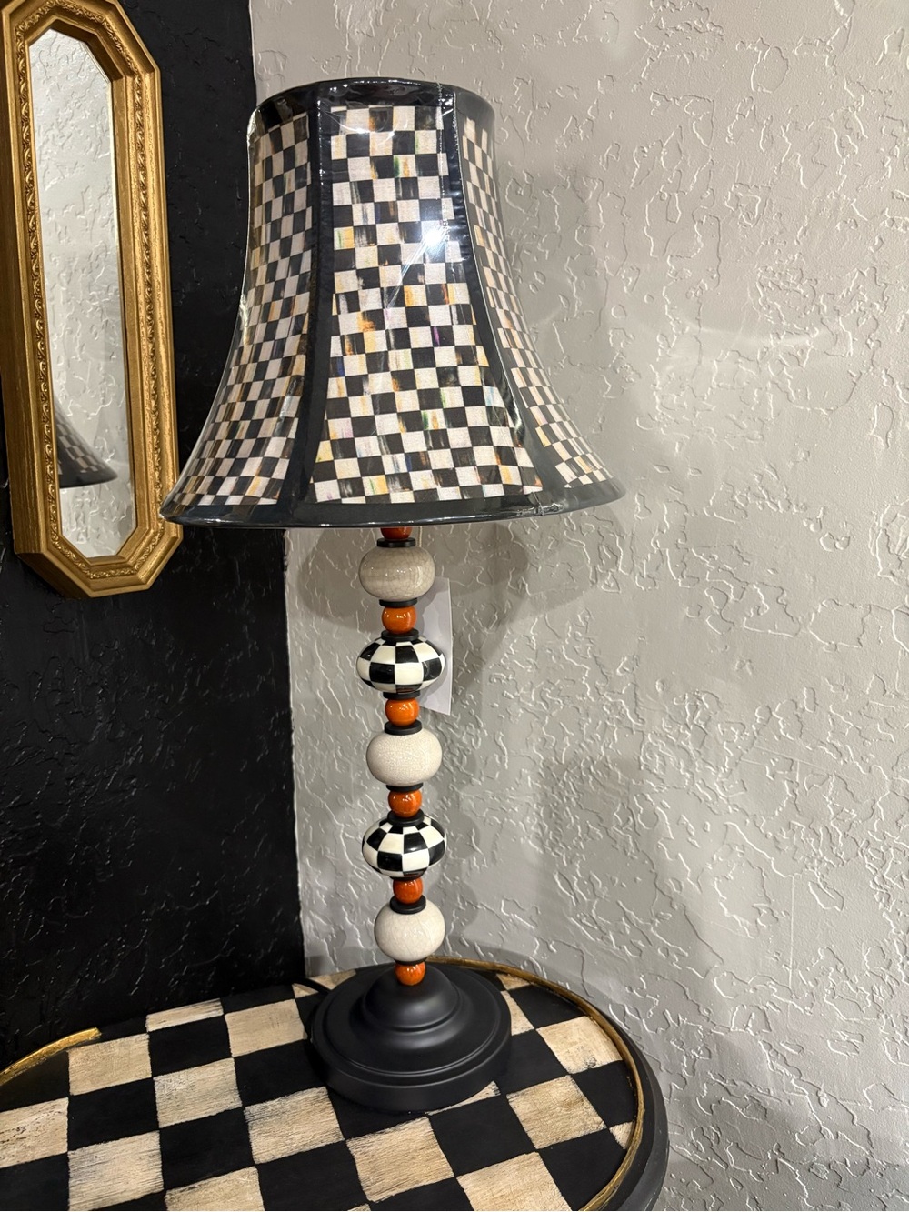 MacKenzie-Childs Black, Cream & Orange Beaded Checker Lamp
